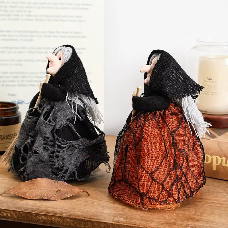Rustic Halloween Witch Figurine with Broom thumbnail 4