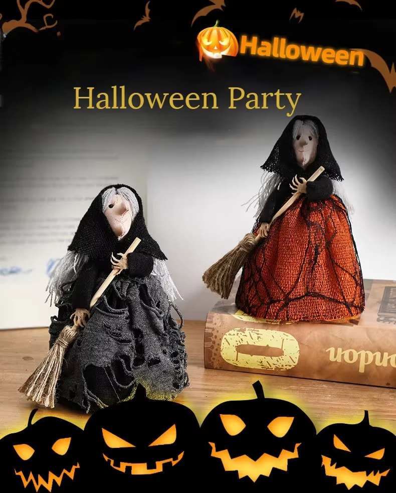 Rustic Halloween Witch Figurine with Broom thumbnail 2