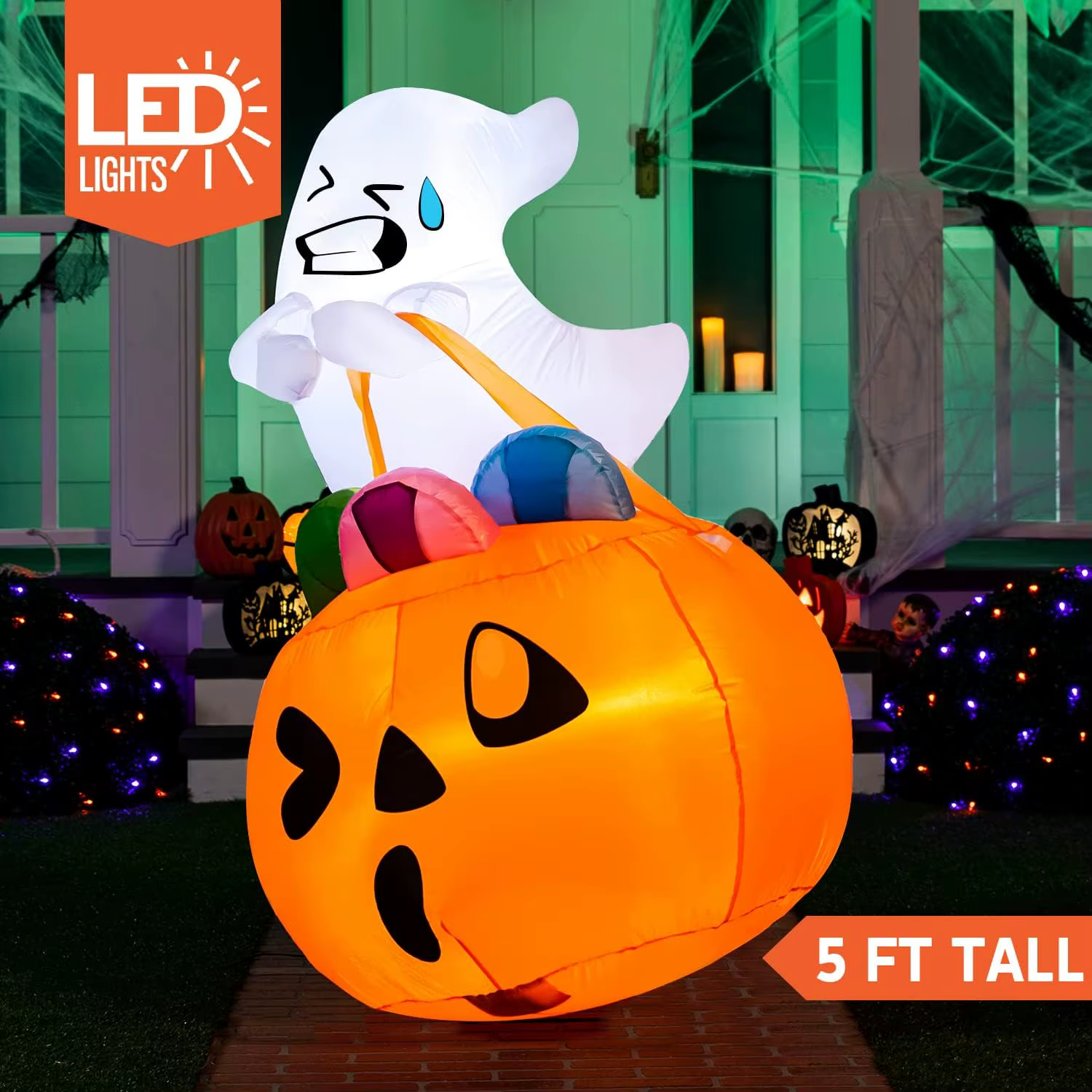 5-Foot Light-Up Ghost & Pumpkin Halloween Inflatable thumbnail 2